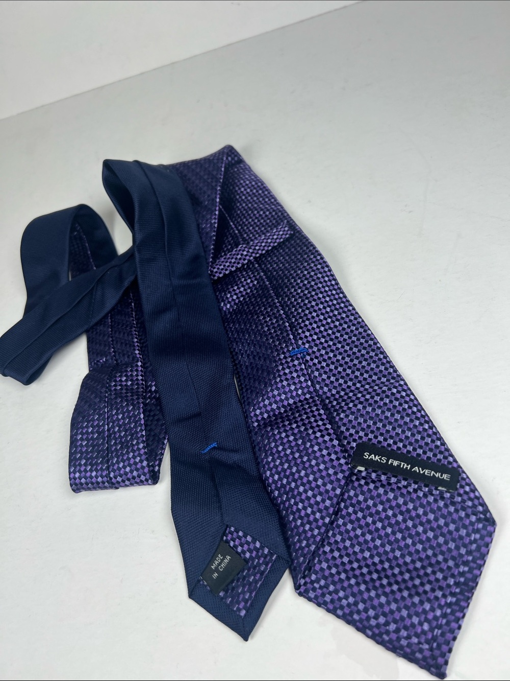 Saks Fifth Avenue Purple Textured Silk Tie with Navy Backing